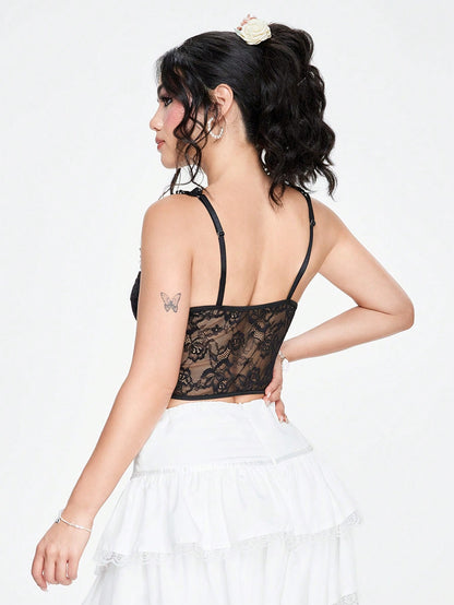 ROMWE Kawaii Top de camisola blanco/rosa con lazo puro y sexy y ribete de encaje para mujeres en vacaciones