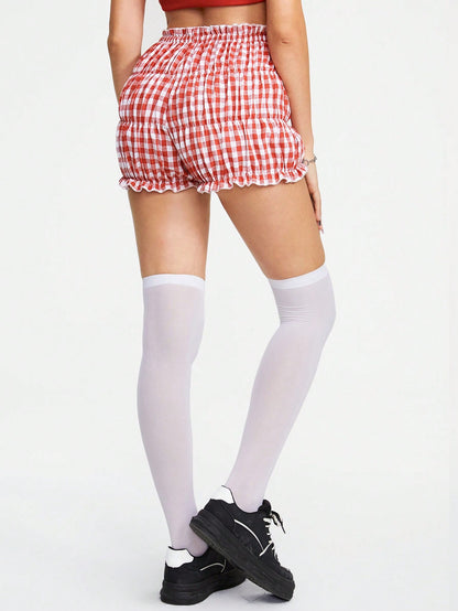 ROMWE Kawaii Pantalones cortos con cintura de lazo de cuadros vichy dulces para mujer, verano, escuela