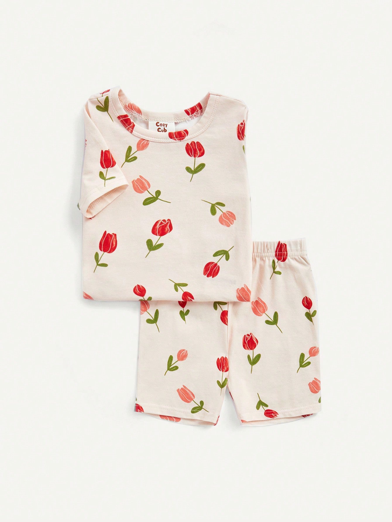 Cozy Pixies Conjunto de pijama ajustado para bebé niña, parte superior de manga corta con cuello redondo con diseño floral y shorts, 4 piezas