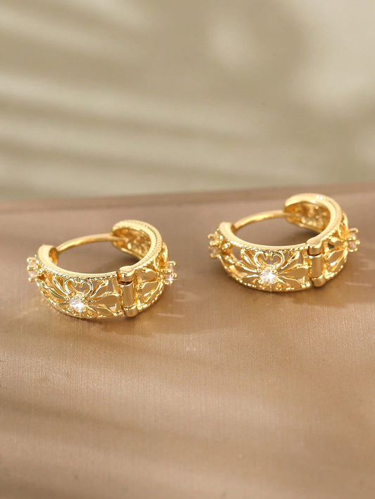 1 Par De Elegantes Pendientes De Círculos Geométricos Con Incrustaciones De Cobre Y Strass, Perfectos Para Una Cita O Como Regalo