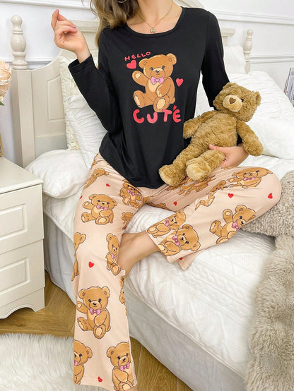 Conjunto de pijama de mujer con top de manga larga y pantalones con estampado de oso de dibujos animados, corazón y letras