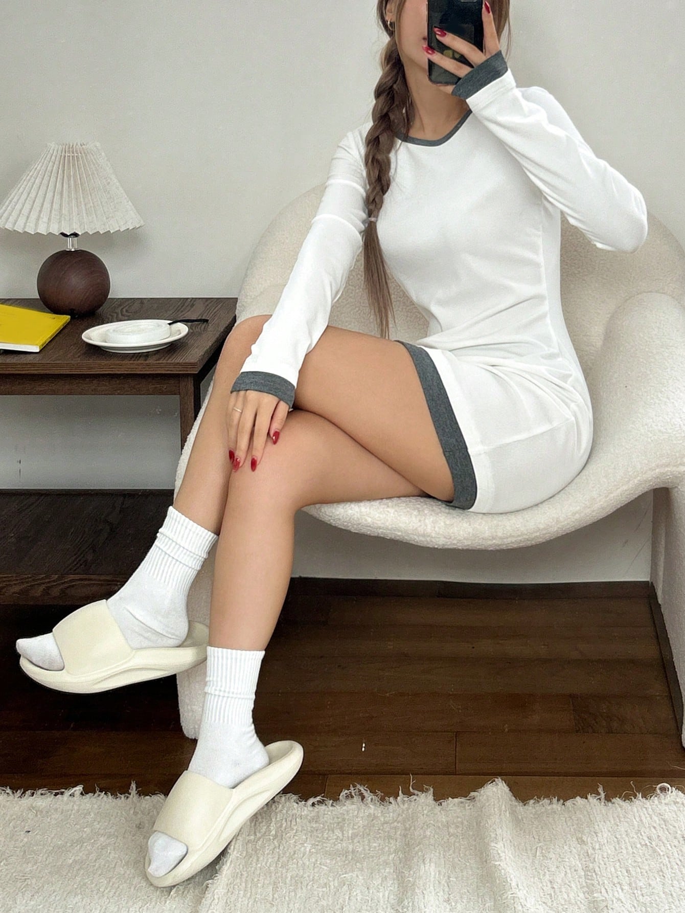 DAZY Camisón de manga larga con cuello redondo y ribete de contraste ajustado