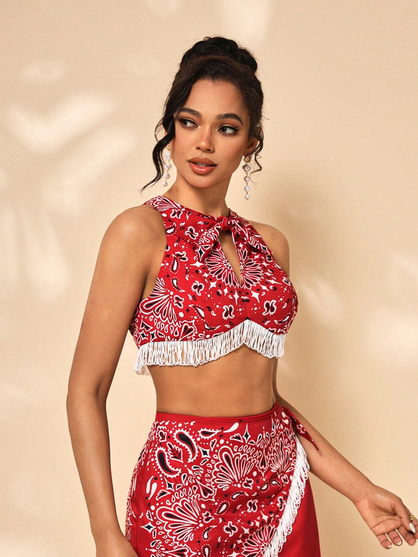 iDea Top con estampado de paisley con dobladillo de flecos, ropa de mujer, para verano