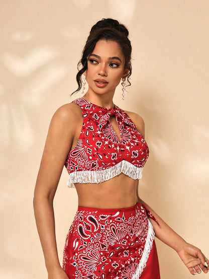 iDea Top con estampado de paisley con dobladillo de flecos, ropa de mujer, para verano