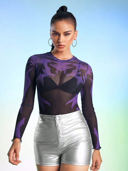 Harviee Parte superior fina de manga larga con estampado de malla, ropa de mujer de diseñador para otoño e invierno