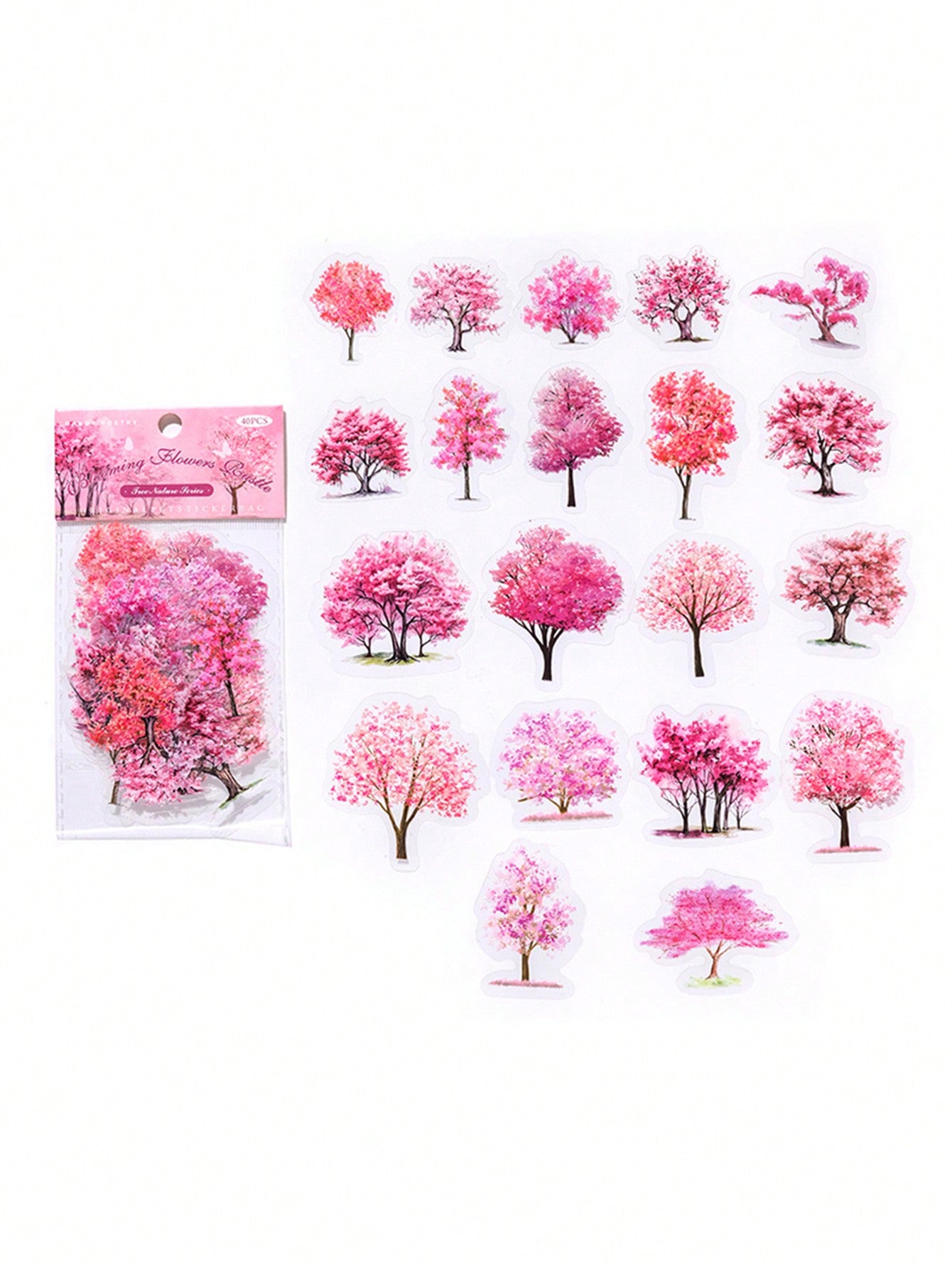40 piezas de pegatinas PET de material de decoración de bricolaje con estilo INS de árboles de cerezo pequeños y frescos para Scrapbooking de paisajes