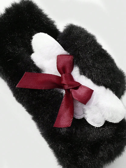 ROMWE Kawaii 1 pieza Accesorio de pinza para el cabello estilo gótico de color negro con alas de ángel blancas, moño rojo, adecuado para uso diario de mujeres o regalo de festival, Halloween