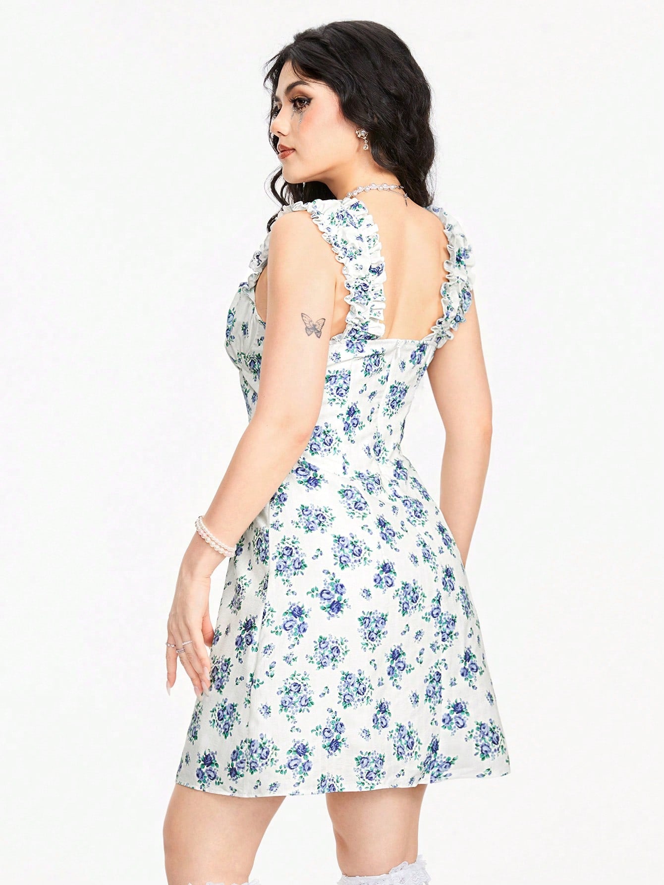 ROMWE Kawaii Vestido de verano para mujer con estampado floral, tirantes gruesos, zona del pecho fruncida y sin mangas