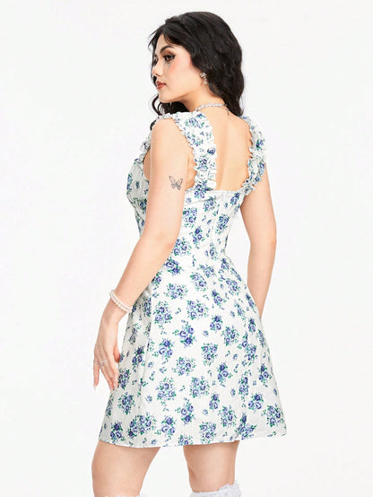 ROMWE Kawaii Vestido de verano para mujer con estampado floral, tirantes gruesos, zona del pecho fruncida y sin mangas