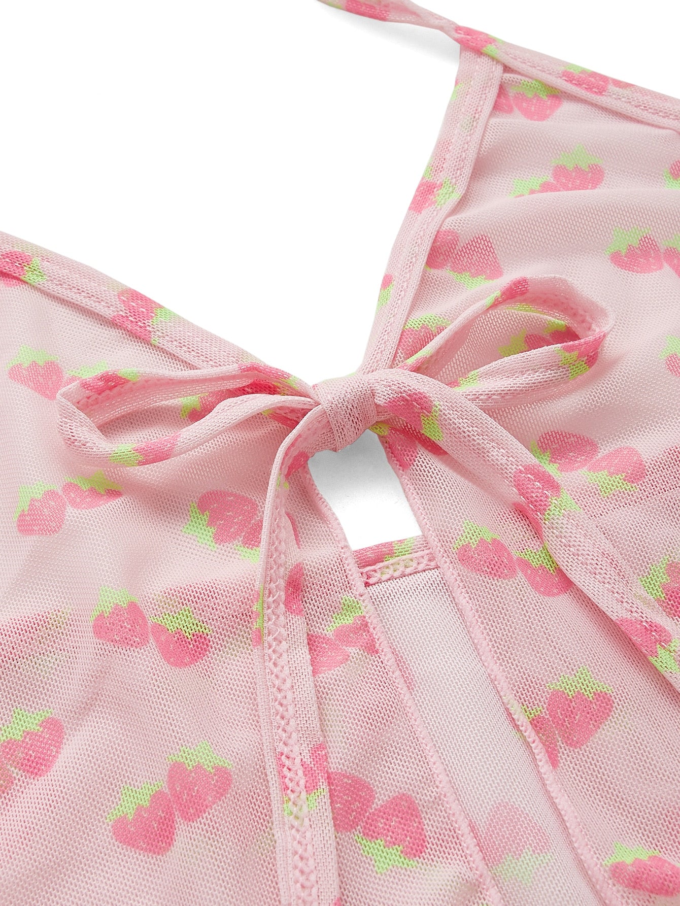 ROMWE Kawaii Conjunto de 4 paquetes de bikini con estampado de fresa con parte superior halter y lazos laterales y cubierta a juego