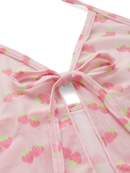 ROMWE Kawaii Conjunto de 4 paquetes de bikini con estampado de fresa con parte superior halter y lazos laterales y cubierta a juego