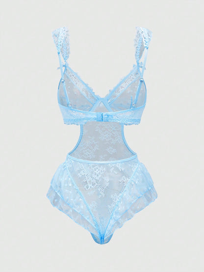 ROMWE Goth Lencería body sensual con decoración de lazo y encaje, calado