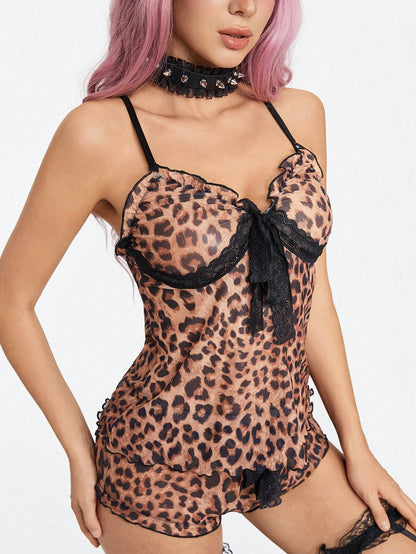 ROMWE Grunge Punk Conjunto de pijama de malla con estampado de leopardo en estilo punk oscuro con ribete de encaje y detalle de lazo