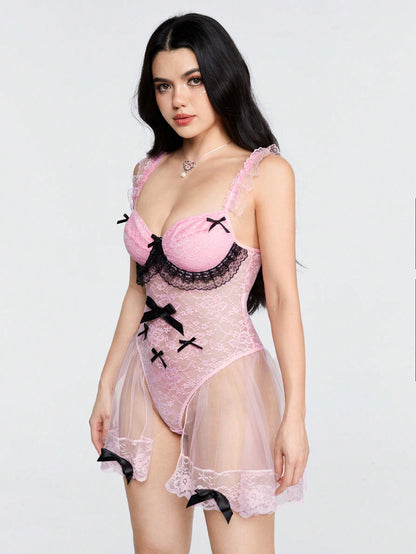 Sweetness Body Lencería Floral Sexy para Mujer con Detalle de Lazo y Moño de Encaje