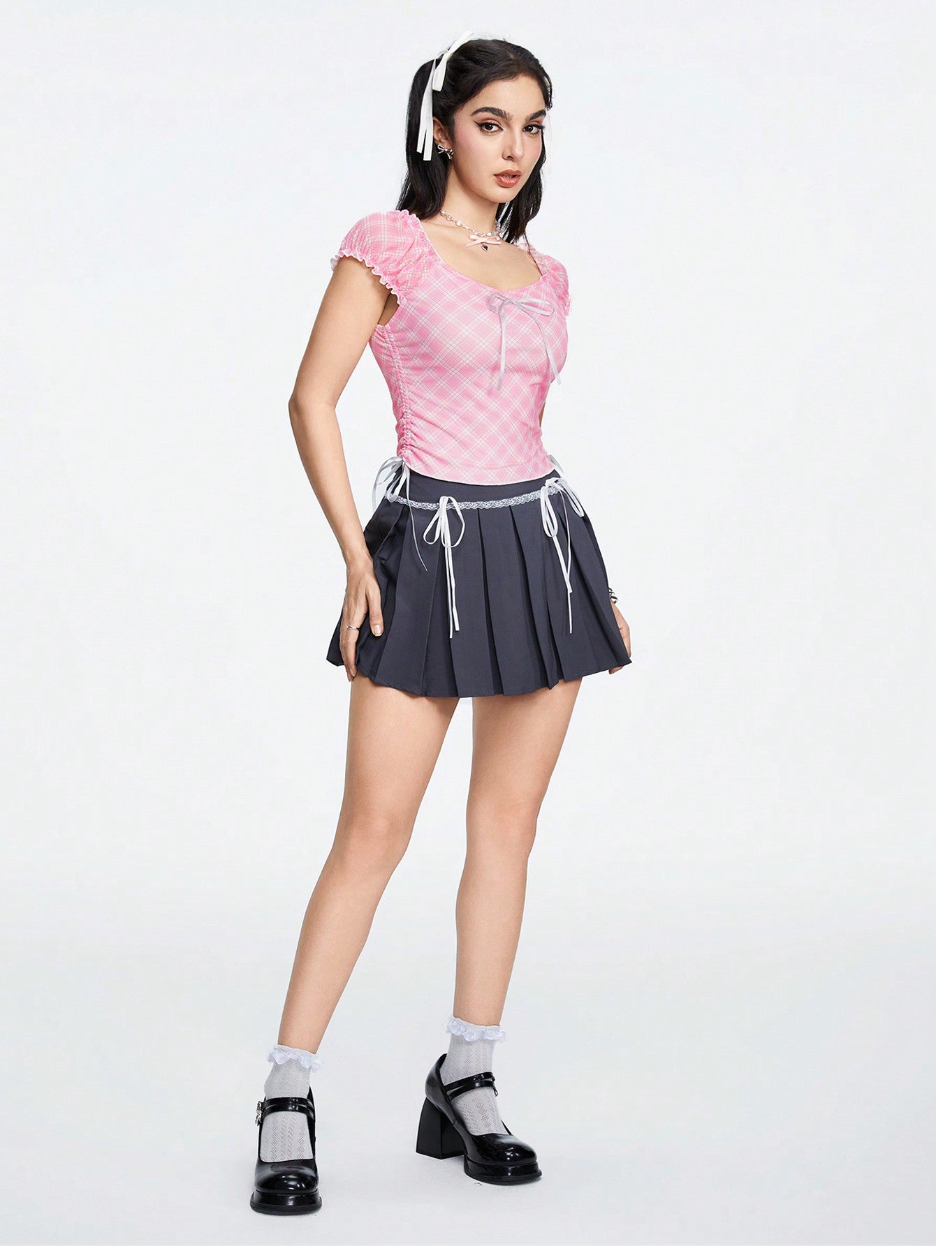 ROMWE Kawaii Camisa elegante de dama a cuadros rosa con manga abullonada, lazo de corbata en la cintura, fruncido en los lados y escote cuadrado bajo