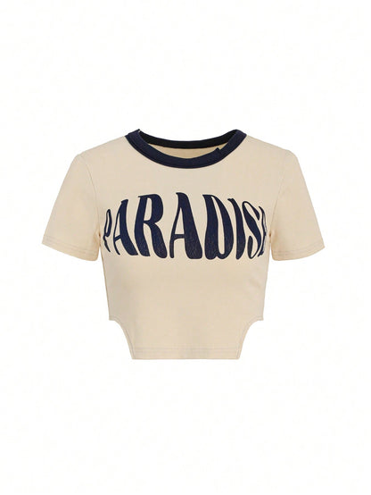 Dazy X KIMYOUJUNG Camiseta De Manga Corta Para Mujer Con Estampado De Letras Y Bloques De Color