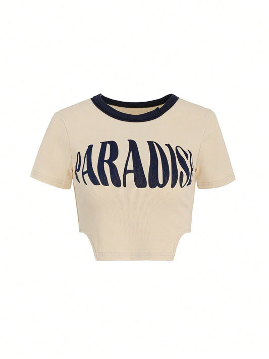 Dazy X KIMYOUJUNG Camiseta De Manga Corta Para Mujer Con Estampado De Letras Y Bloques De Color