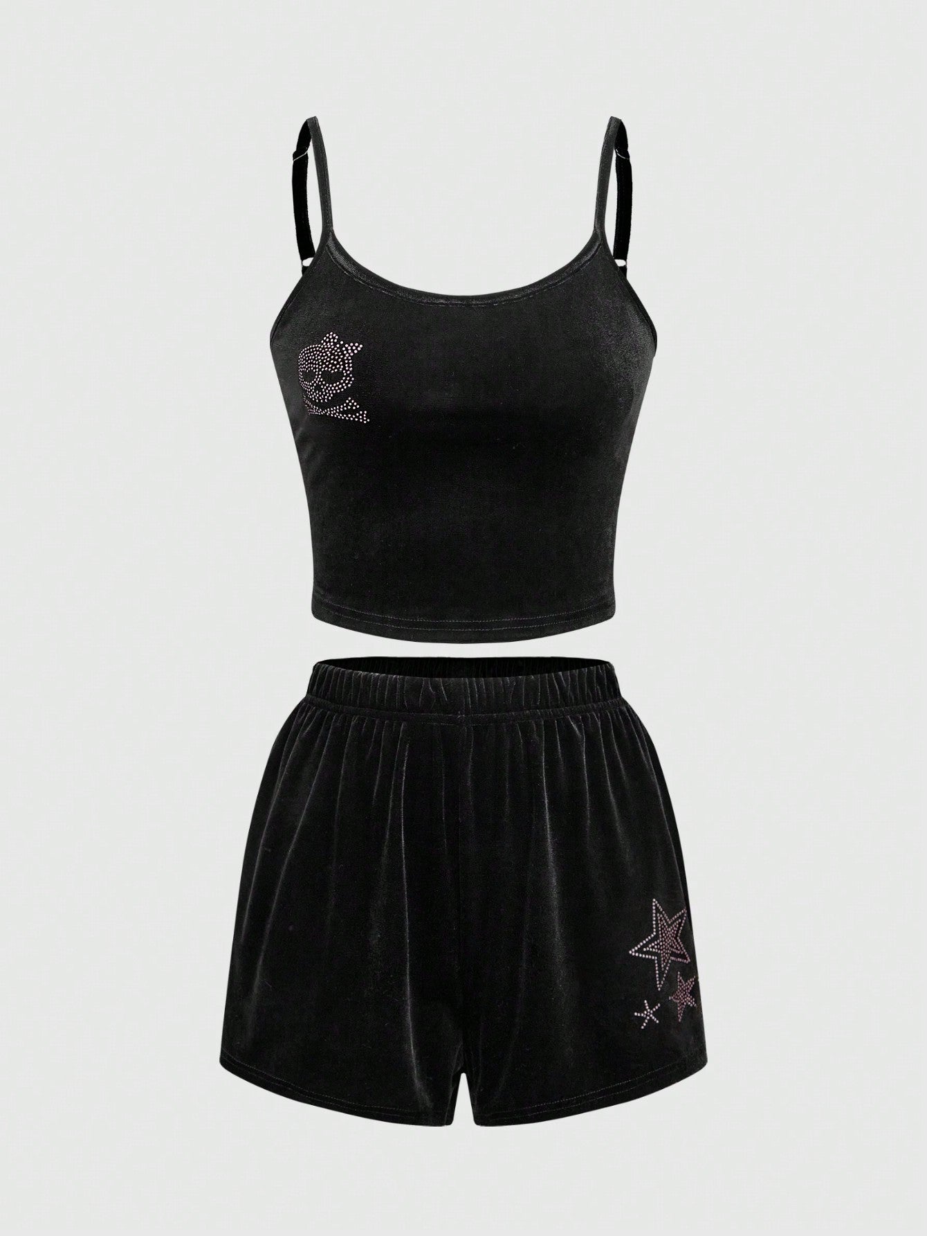 ROMWE Kawaii Conjunto de camiseta de tirantes y pantalón de pijama de terciopelo con esqueleto y estrellas de rhinestone estilo Gyaru de Shibuya, otoño/invierno