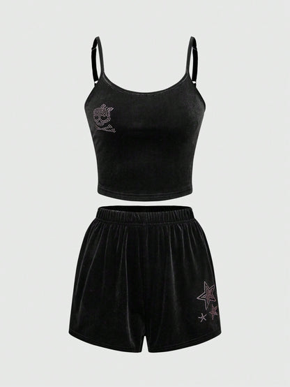 ROMWE Kawaii Conjunto de camiseta de tirantes y pantalón de pijama de terciopelo con esqueleto y estrellas de rhinestone estilo Gyaru de Shibuya, otoño/invierno