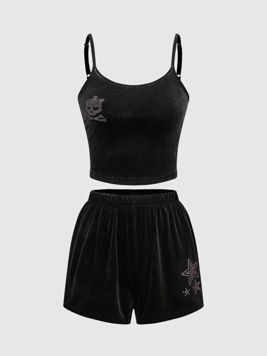 ROMWE Kawaii Conjunto de camiseta de tirantes y pantalón de pijama de terciopelo con esqueleto y estrellas de rhinestone estilo Gyaru de Shibuya, otoño/invierno