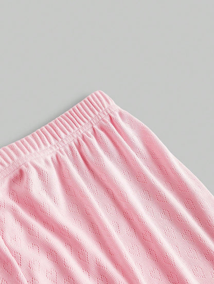ROMWE Kawaii Conjunto de pijama de mujer con encaje de punto hueco y lazo romántico y encantador en forma de corazón
