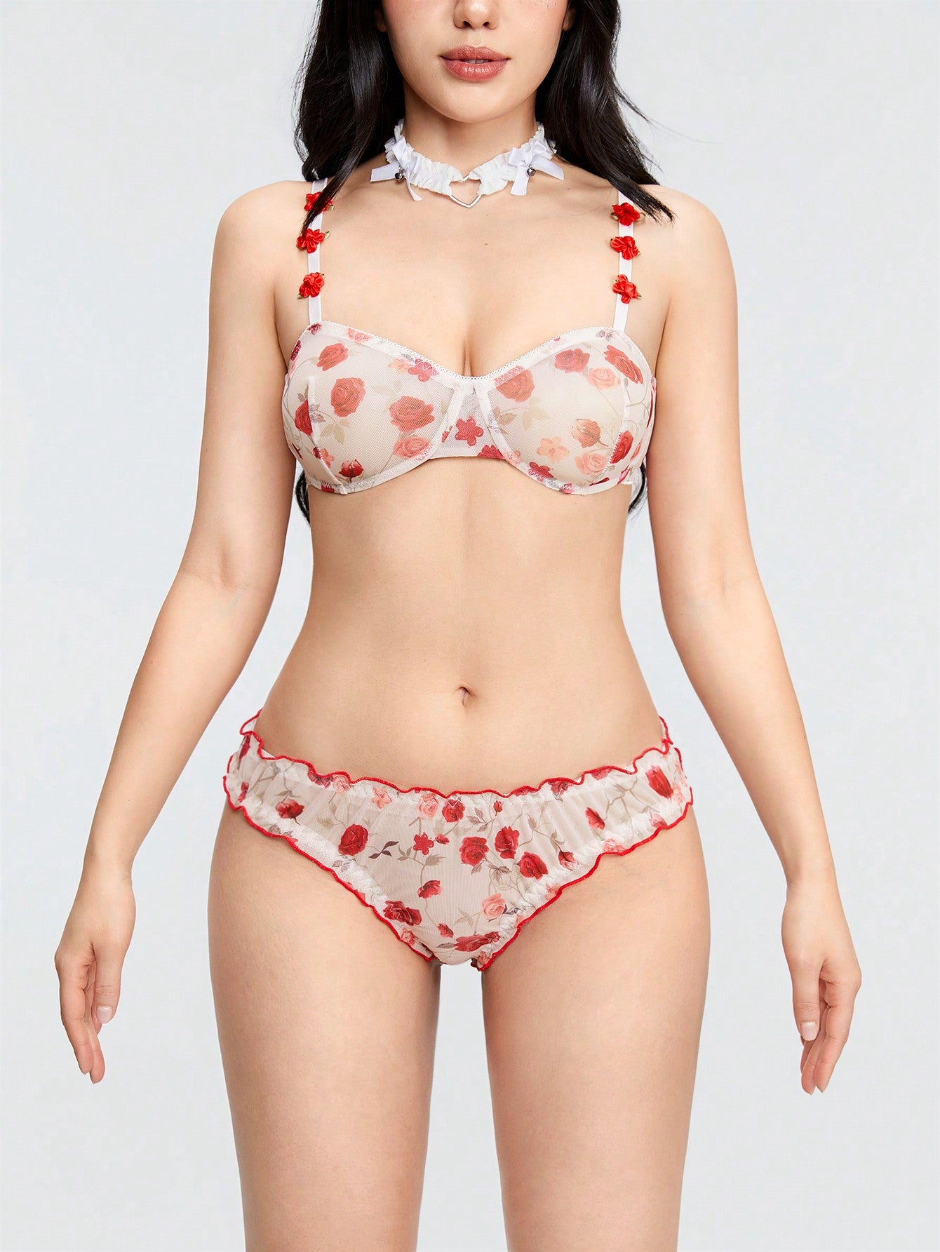 ROMWE Kawaii Conjunto De Ropa Interior De 2 Piezas Con Estampado Floral Decorado Con Rosas Transparente Y Sexy