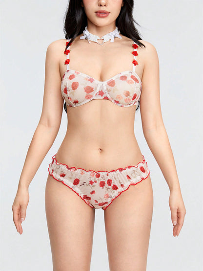 ROMWE Kawaii Conjunto De Ropa Interior De 2 Piezas Con Estampado Floral Decorado Con Rosas Transparente Y Sexy