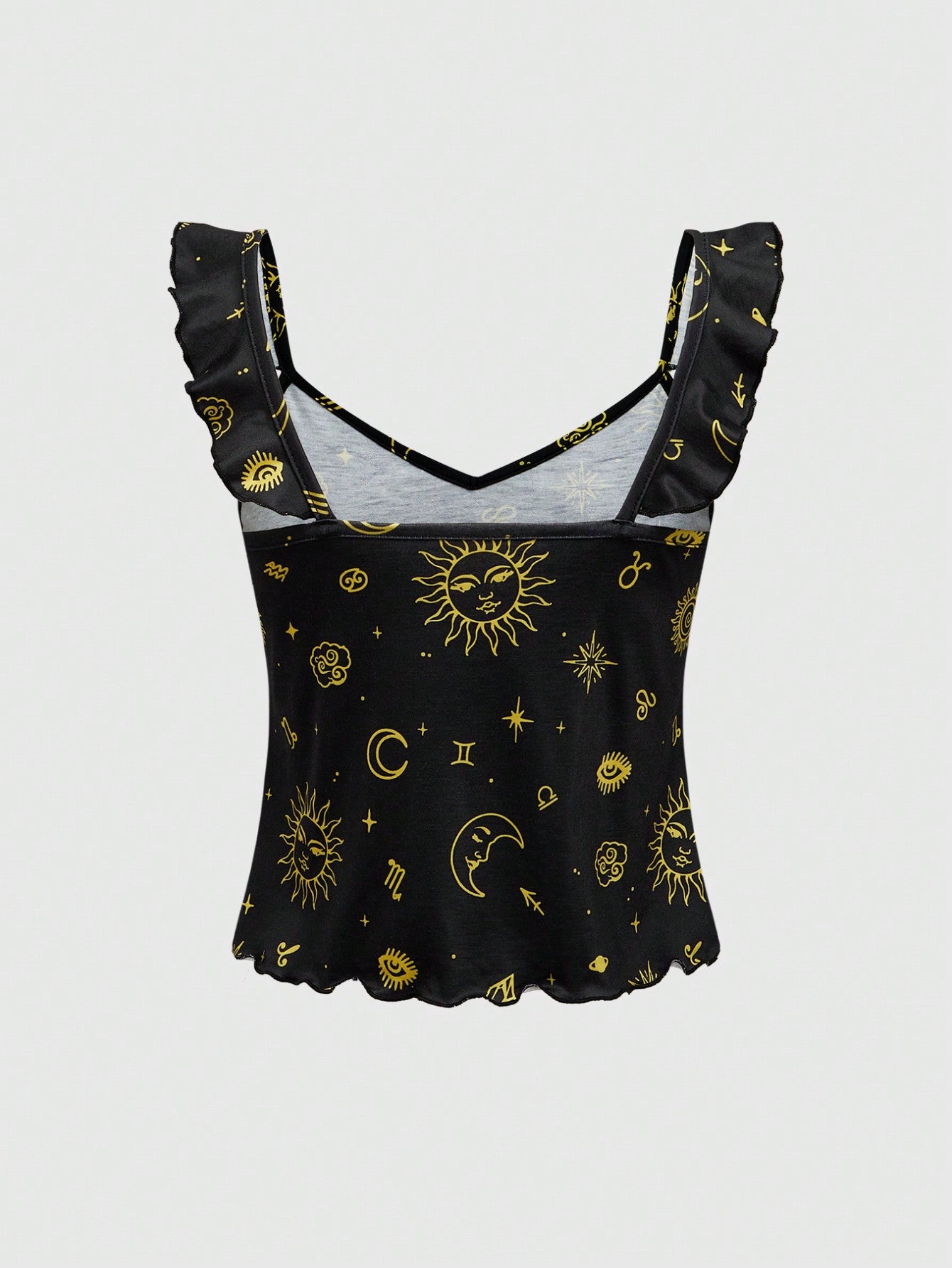 ROMWE Hippie Conjunto de pijama informal con estampado de estrellas de día y noche y dobladillo con volantes
