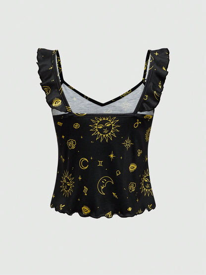 ROMWE Hippie Conjunto de pijama informal con estampado de estrellas de día y noche y dobladillo con volantes
