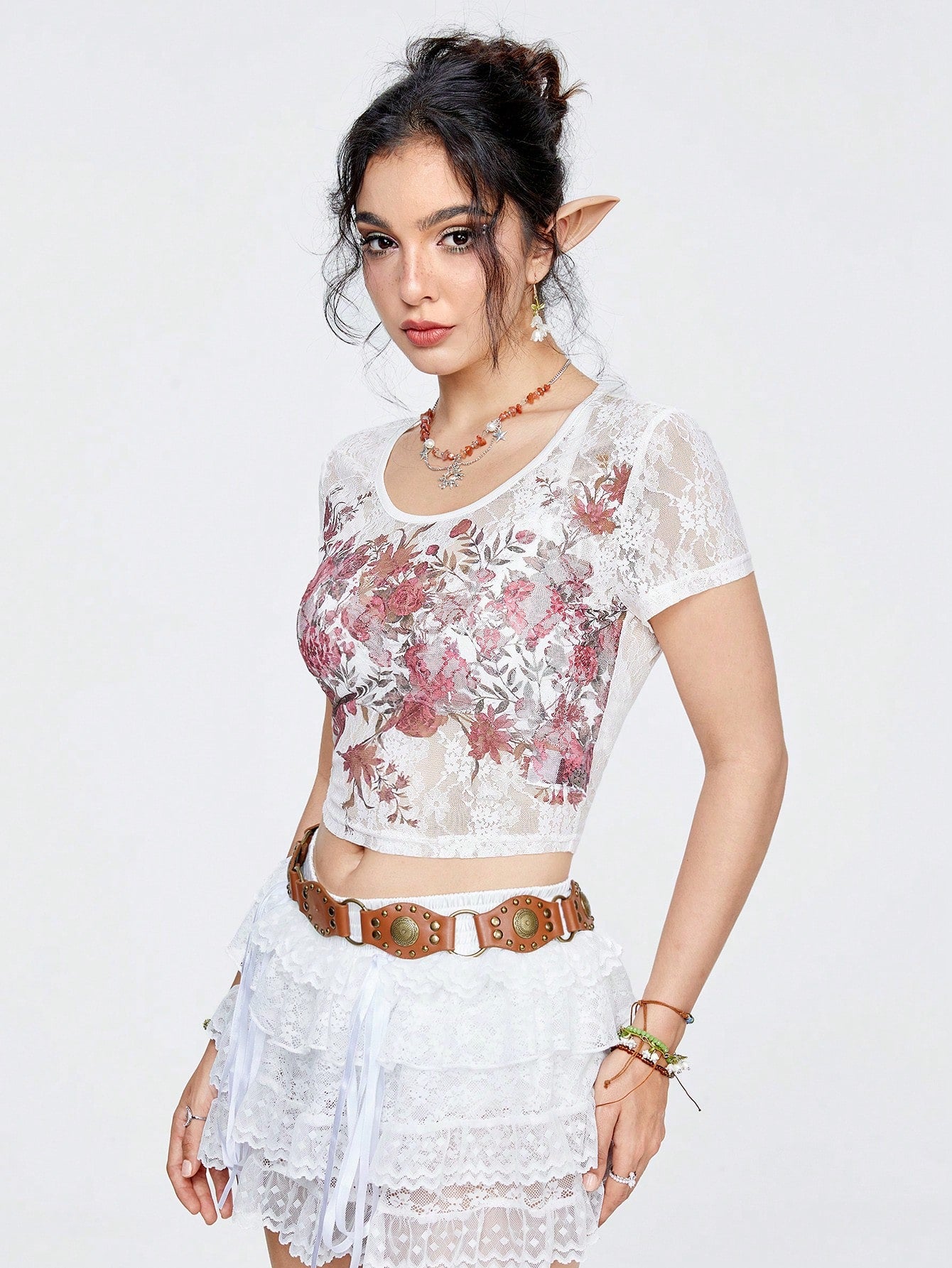 ROMWE Fairycore Top de manga corta de encaje con estampado de rosa para mujer