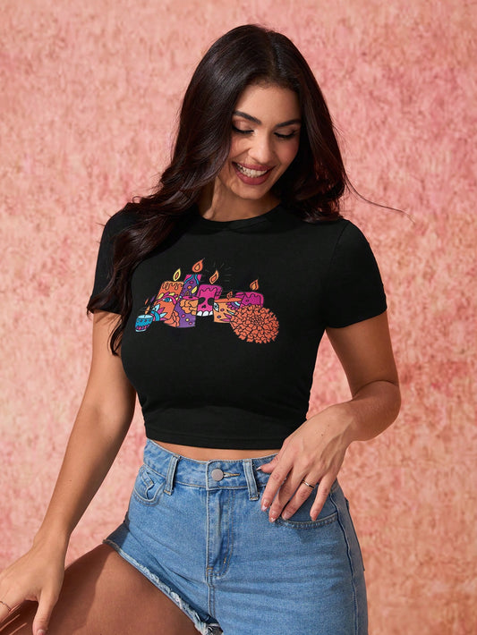 Simona Ahued Camiseta de mujer de cuello redondo corta, ajustada y de manga corta con estampado del Día de los Muertos, camiseta gráfica para vacaciones, primavera y verano