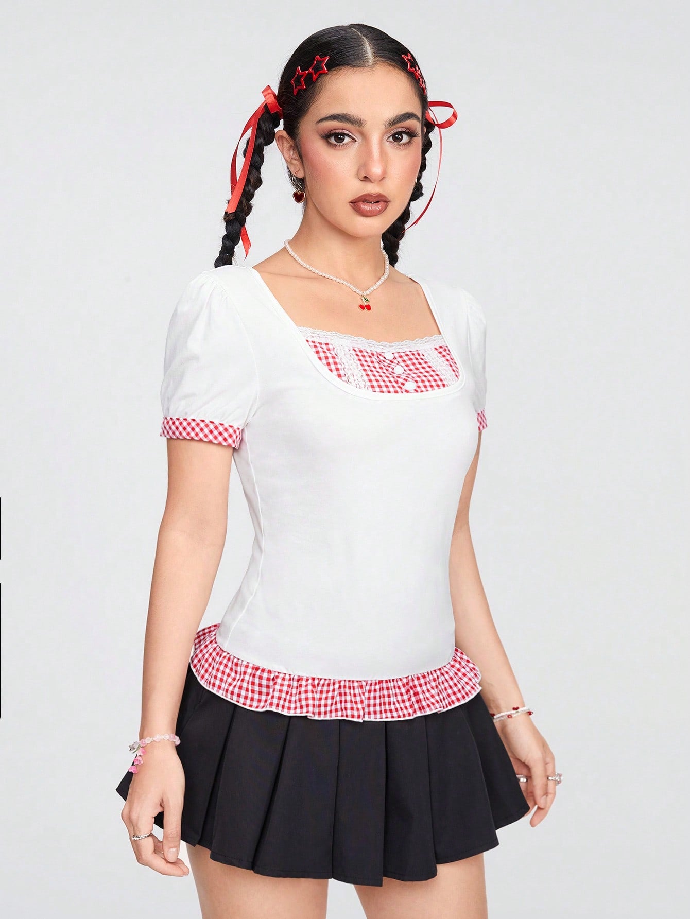 ROMWE Kawaii Camiseta de diseño a cuadros rojos y blancos de moda para mujeres en verano