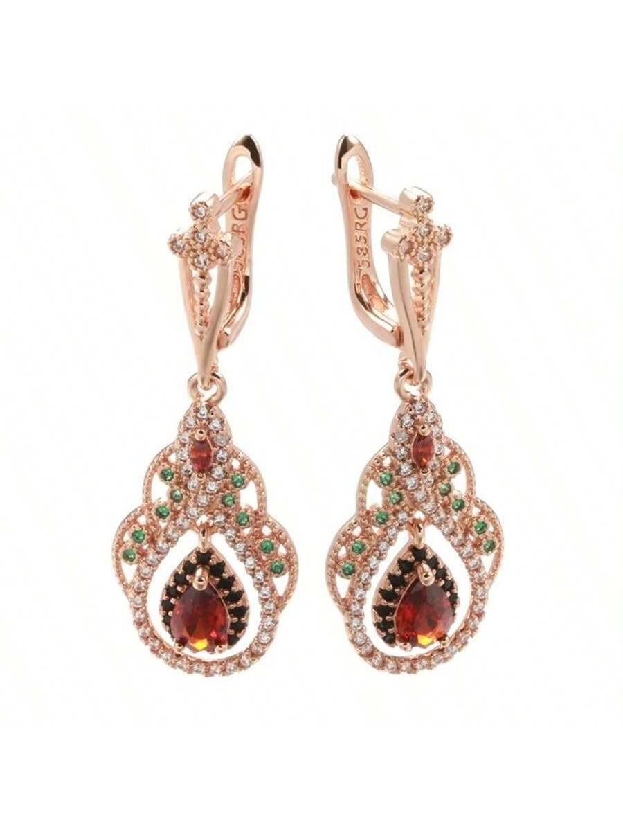1 par de pendientes colgantes con forma de gota de agua con rubíes y circonitas verdes, con borlas, lujosos y elegantes, perfectos para compromisos, bodas, fiestas, regalo de San Valentín