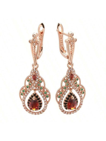 1 par de pendientes colgantes con forma de gota de agua con rubíes y circonitas verdes, con borlas, lujosos y elegantes, perfectos para compromisos, bodas, fiestas, regalo de San Valentín