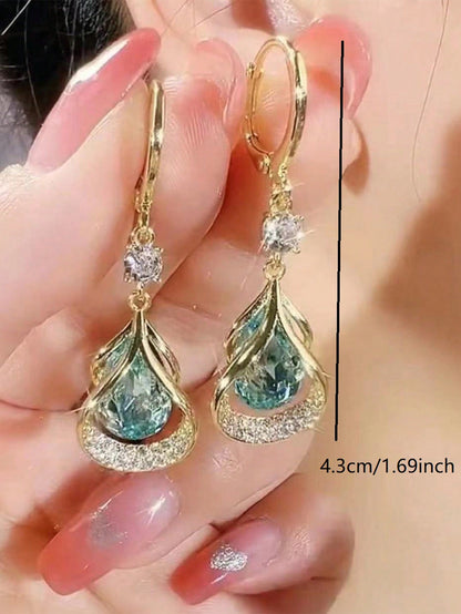1 par de pendientes geométricos de lágrima de ojo de gato de piedra de alta gama, pendientes de lágrima elegantes y estilizados de lujo de nicho para mujeres