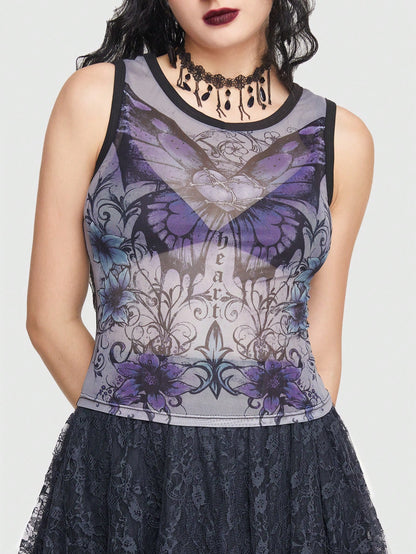 ROMWE Goth Top tank con estampado de mariposa sin sujetador