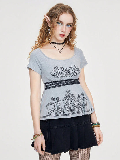 ROMWE Fairycore Camiseta Ajustada Con Encaje De Cintura Baja Sexy Para Mujeres Con Detalles De Flor, Estrás Y Hojas De Plantas