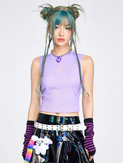 ROMWE Kawaii Top corto acanalado con bordado de estrella para el verano estilo Y2K
