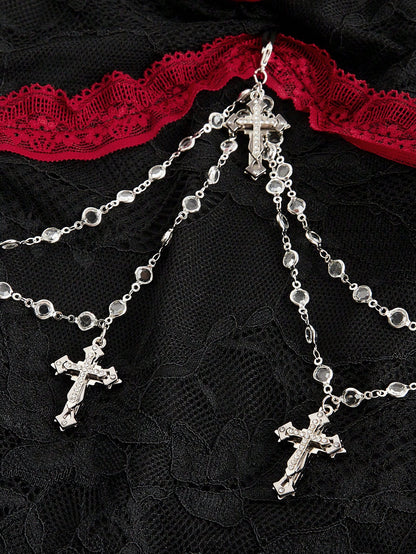ROMWE Goth Top de encaje con cordones, decorado con una cruz gótica y flor en el pecho, para mujer, ideal para Navidad