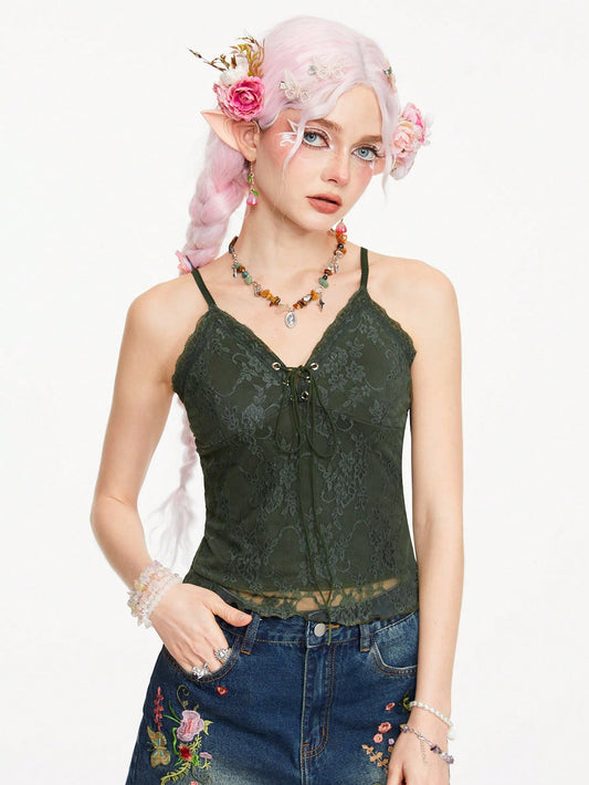 ROMWE Fairycore Camiseta de tirantes vintage de encaje para mujeres con diseño de nudos