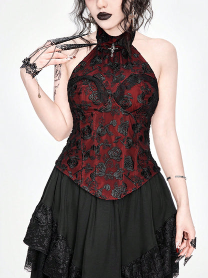 ROMWE Goth Top de tirantes asimétrico para mujer con cuello cruzado de encaje sexy y colgante, con dobladillo asimétrico