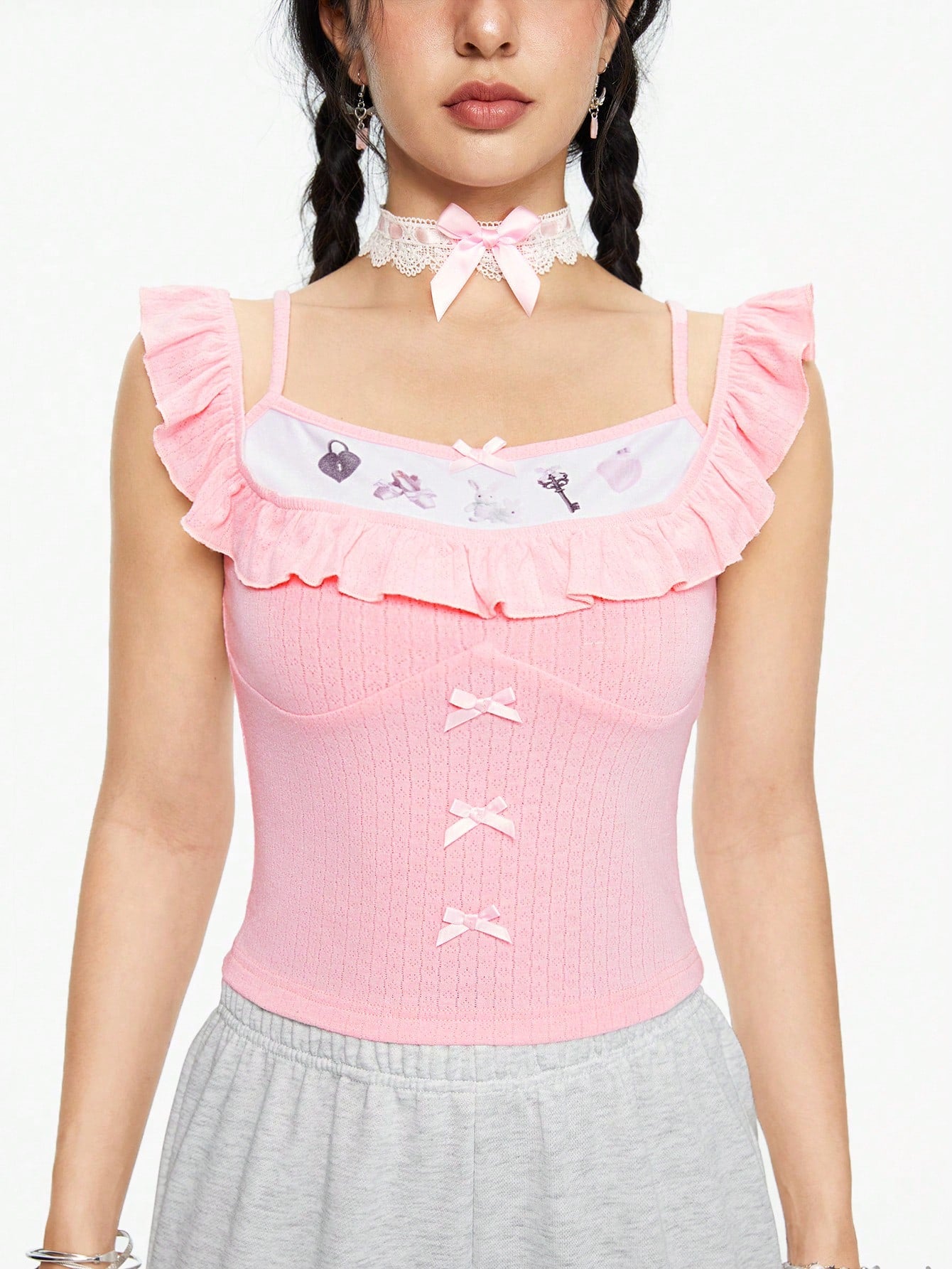 ROMWE Kawaii 1 pieza Blusa de tela texturizada con estampado de conejito y volantes, estilo niña inocente y lindo 2 en 1 para mujer
