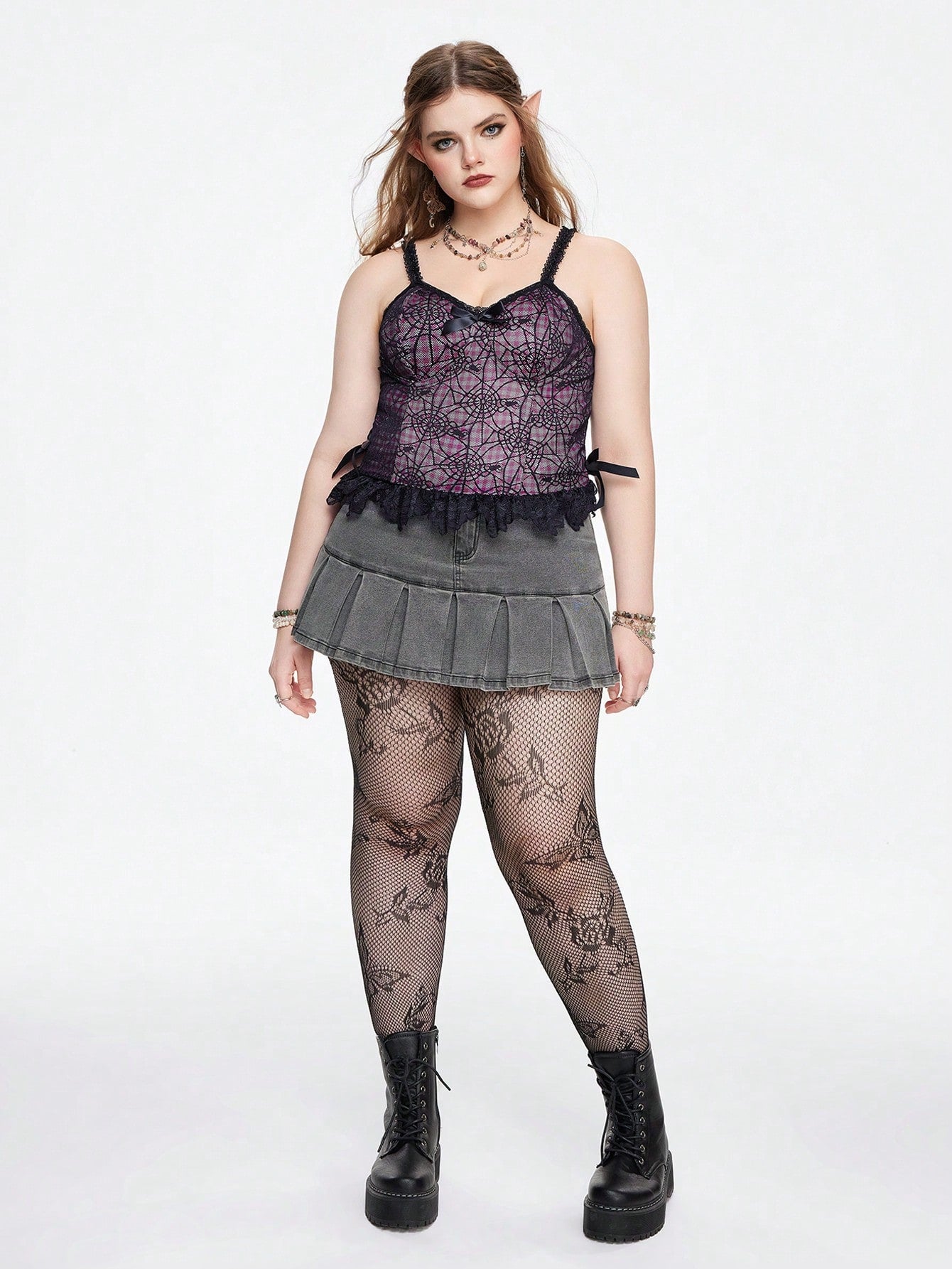 ROMWE Grunge Punk Top de camisola para mujer con encaje y dobladillo de volantes