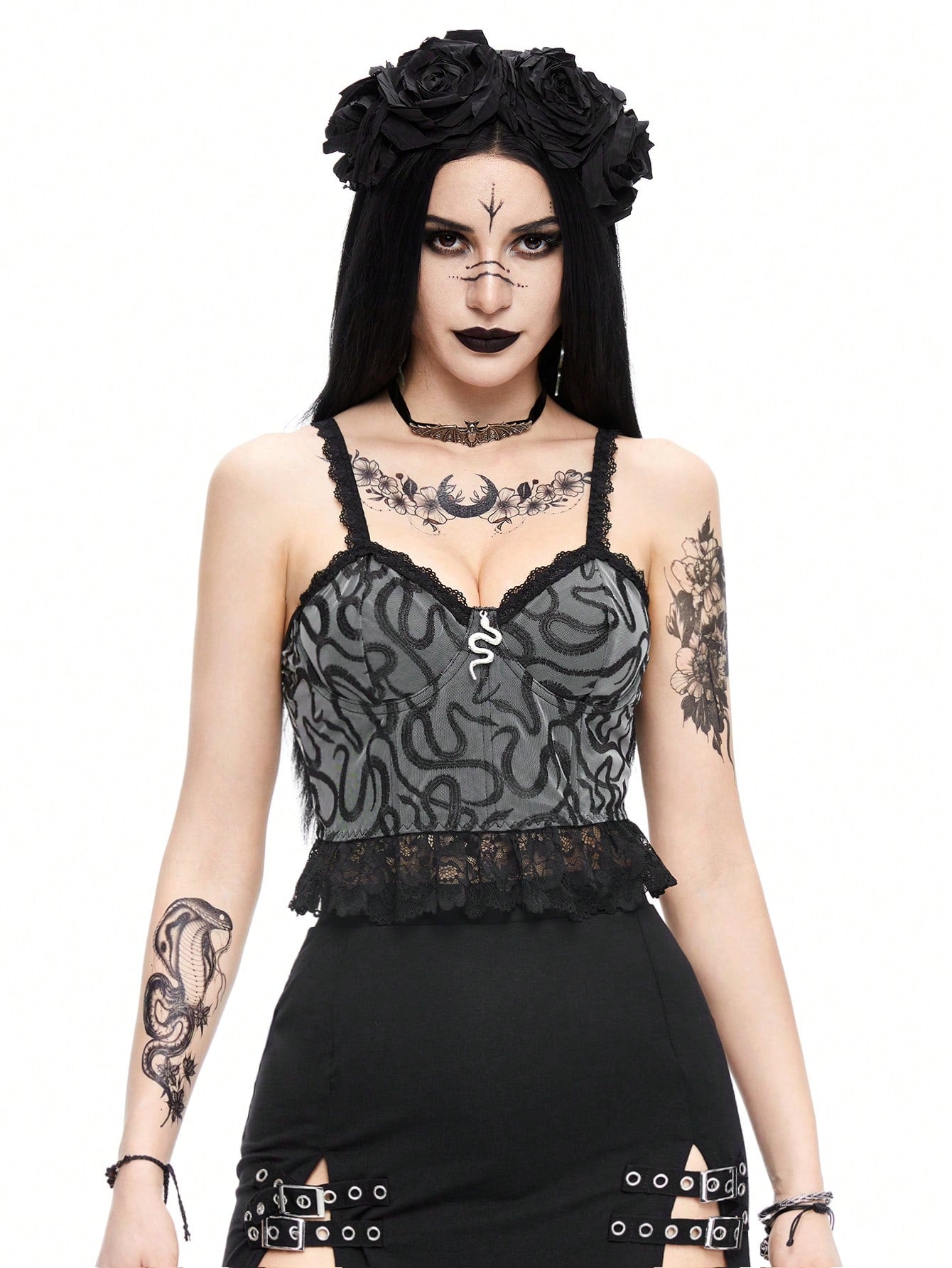 ROMWE Goth Camiseta sin mangas gótica de estampado de serpiente con bordado para mujer en verano