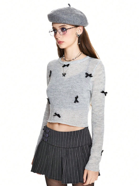 ROMWE Avant Suéter ajustado para mujer de manga larga con decoración de lazo, lindo y dulce