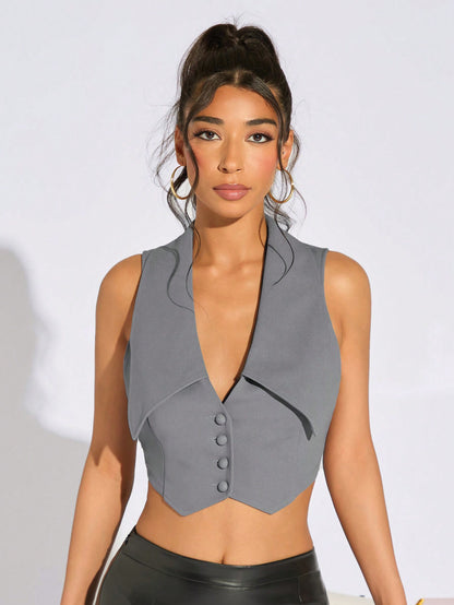 SHEIN SXY Blazer sin mangas de unicolor con dobladillo asimétrico, ropa de mujer para otoño, verano