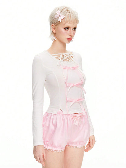 ROMWE Kawaii Camiseta informal con lazo y encaje al estilo de bailarina para mujeres