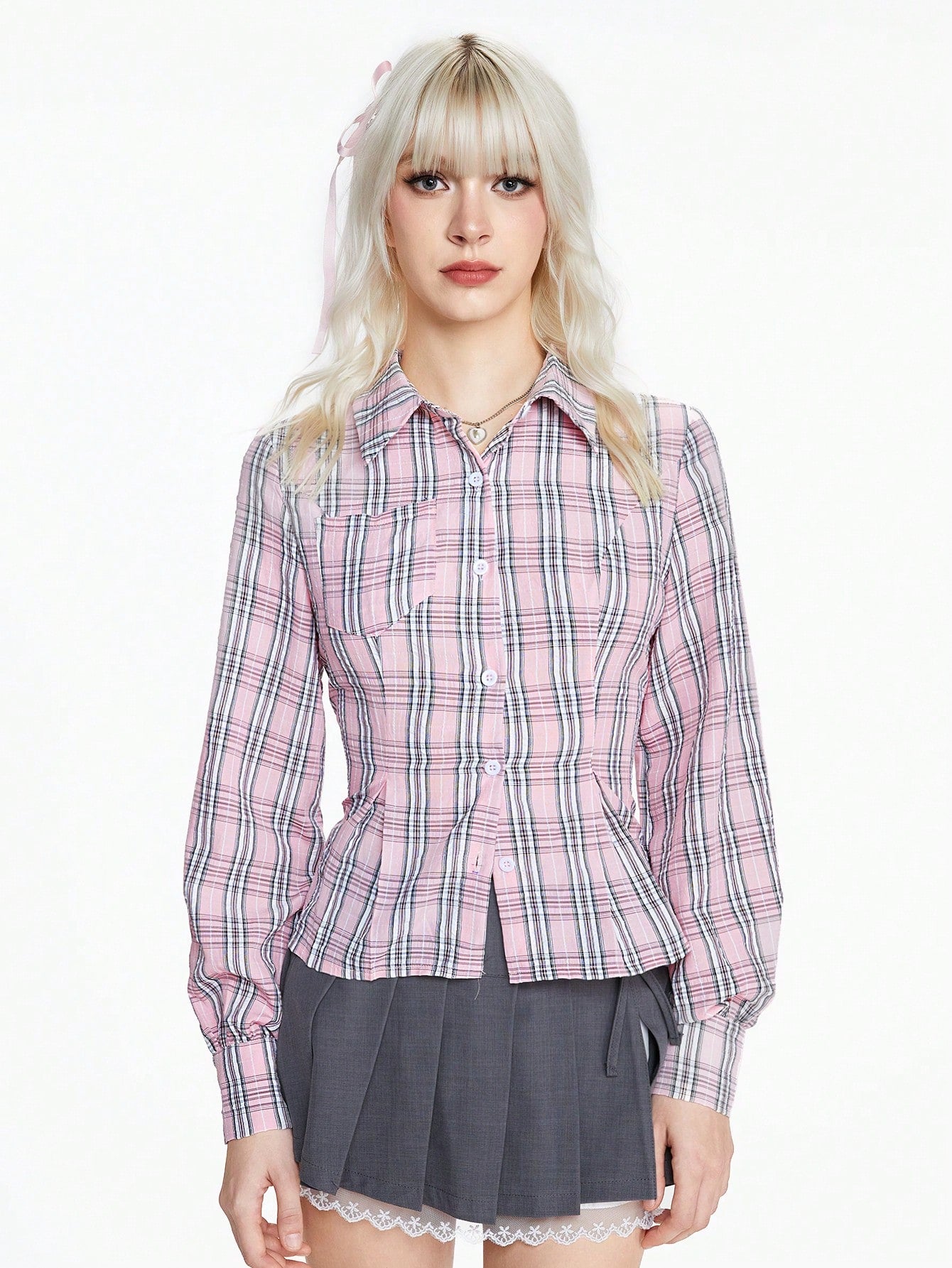 ROMWE Kawaii Blusa ajustada de tartán rosa lindo para damas