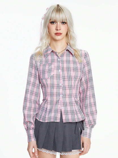 ROMWE Kawaii Blusa ajustada de tartán rosa lindo para damas