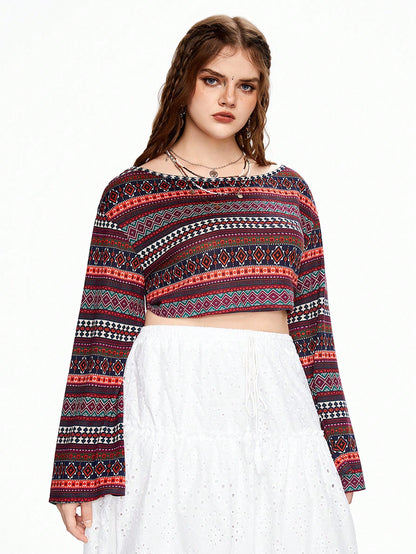 ROMWE Hippie Camiseta de rayas bohemias de talla grande con cuello de barco, manga ancha acampanada y longitud recortada, ideal para vacaciones